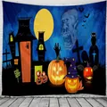 Halloween tapestry with Jack-O-Lanterns and dark castle on white brick wall background - 90x60cm / Style 22WSJ31B