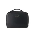 Hanging leather makeup bag in rum brown finish with top handle and metal logo plate - Rum Color (Leather Handheld)