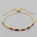 Adjustable gold bracelet with colorful rectangular gemstones and white round zircons - Mixed Baguette & Round Zircon Style (SL0006) / Gold