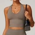 Breathable halter neck seamless yoga sports bra in taupe with ribbed knit texture - S / Brown