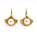 Elegant gold-plated ginkgo leaf earrings with a single white pearl centerpiece - Gold (KD3361)