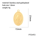 Details van vergulde roestvrijstalen religieuze hanger met afmetingen 23x15mm - Goud PT0493 (St. Benedictus)