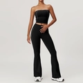 Women's black yoga set with high waist flared leggings and white contrast stitching - S / Tank Top And Trousers (Premium Black) Top And Bottom / Premium Black