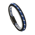 Braided black leather bracelet with blue and white accents and black magnetic clasp - Black Blue White Tri-Color Braid (KB87376-BD)