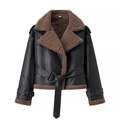Detail of faux shearling collar and black leather texture on cropped biker jacket - S / Black (Brown Fur)