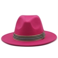 Detailed view of the rose red wide brim fedora hat with a striped ribbon band - Rose Red