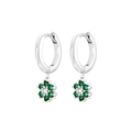 Macro detail of silver drop earrings with emerald green petals and clear zircon center - Silver with Green Flower Drop Earring