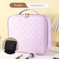Purple large makeup bag with quilted PU leather pattern and sturdy top handle - Diamond Pattern Purple Without Mirror (26X23.5X9.5)