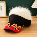 Black flame visor hat with white wig hair and vibrant red yellow embroidery detail - Black + White Hair
