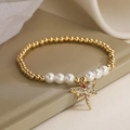 Elegant gold-plated dragonfly and pearl beaded bracelet for women with zircon inlay - Dragonfly & Pearl Style