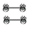 Detail of spider-shaped black stainless steel piercing jewelry with green and white crystals - Spider Shape Nipple Ring (#3)
