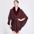 Burgundy knitted cape shawl with faux rabbit fur collar and crisscross tie closure - Burgundy