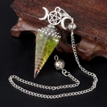 Green crystal gemstone resin pendulum with silver moon pentagram and metallic chain - Peridot Crystal