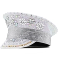 White bridal flat top military hat with silver rhinestones and faux pearls for parties - Adjustable / Iridescent Gemstone Flower Style (01-12)
