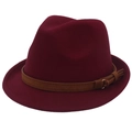 Classic burgundy wool felt fedora hat with dark brown leather band and metal buckle detail - Wine Red (Yellow Cord Decor)