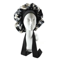 Black and white tie-dye satin sleep cap with wide elastic tie-down band for women - Black Smoked Floral