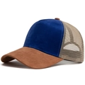 Suede Baseballkappe mit blauer Front, braunem Schirm und beigem Mesh-Gewebe - Verstellbar / Kamel & Blau