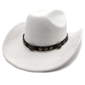 Detail of white suede cowboy hat featuring black leather band with bull head metal plate - M (56-58cm) / White