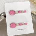 Pink glitter press-on toenails with rhinestone and pearl accents on a display card - S / Pink Glitter Cat Eye Style (B59)