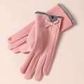 Pink thermal touchscreen gloves for women with grey faux fur trim and bow detail - Side Line Leather Butterfly / Pink