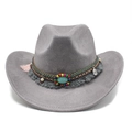 Détails d'un chapeau de cowboy gris avec pierre turquoise et glands de style bohème - M (56-59cm) / Gris Clair Suède