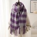 Winter plaid cashmere-like scarf with fringe in purple and gray for warm protection - Purple