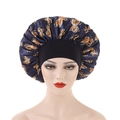Navy satin bonnet with gold butterfly prints and black elastic wide band on model - Navy Blue