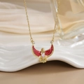 Gold-plated eagle necklace with red enamel wings and pink marquise stone on white base - FN0110 Red Enamel Pink Diamond Eagle