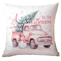Weiße Weihnachtskissenhülle mit rosa Vintage-Truck, Schneemann und 'Tis the Season Text - Rosa LKW und Schneemann