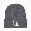 Close-up of dark grey beanie featuring 3D white LA embroidery on fine knit fabric - Medium Heather Grey