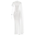 Detail van witte maxi-jurk met geplooide taille en een elegante asymmetrische vloeiende mouw - S / Wit