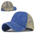 Casquette de baseball bleue délavée avec filet beige et sangles croisées élastiques - Bleu Lac
