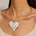 Vintage silver heart pendant choker necklace with relief texture for women - Antique Silver Heart Textured Choker (5319)