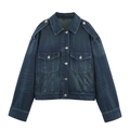 Giacca di jeans vintage blu scuro con revers, spalline e bottoni in metallo su bianco - XS / Outerwear