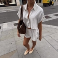 Street style shot of white cotton linen shirt and high waist shorts two-piece set - S