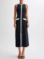 Robe midi en tricot sans manches noire avec bordure blanche contrastée et boutons dorés - Noir et Blanc