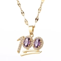 Golden 100 emoji pendant necklace featuring purple stones and micro-pave crystals - 9052 Gold 100 Symbol