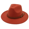 Classic pumpkin orange wool felt fedora hat featuring a dark brown leather belt buckle - One Size / Caramel color