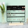 Black metal earring display stand with multi-hole design and natural pine wood base - Medium Black 144 Holes