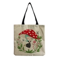 Detail of mushroom girl illustration and floral wreath on beige canvas tote bag - Mushroom Hat Girl (hm0834)