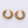 Polished gold circular hoop earrings with intricate woven mesh texture on white background - 30mm Gold Earrings