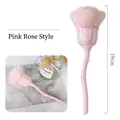 Pink rose-shaped nail dust brush with fluffy bristles and leaf stem handle, 19cm length - Pink Rose