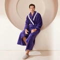 Men's purple flannel robe with white trim, featuring plush pineapple lattice texture - Purple (Men's)