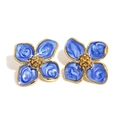 Golden 316 stainless steel clover stud earrings with blue enamel and textured petals - Blue (KD3004)