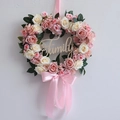 Pink heart-shaped floral wreath with roses, Family wooden sign, and satin bow - Family Style