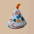 Cone-shaped pot lid cover with abstract orange and teal patterns and yellow hanging loop - Fallen Leaves Pot Lid Hat (120°C Heat Resistant)