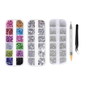 Manicure set with 3 boxes of acrylic rhinestones, picker pen and curved tweezers - 5 Pieces (12-Color + AB + Silver + Wax Pen + Tweezers)