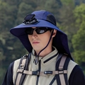 Dark blue sun hat with solar powered fan and neck flap for outdoor fishing and hiking - Navy Blue (Fan Style)