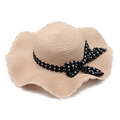 Cappello di paglia a tesa larga con bordi ondulati e fiocco a scacchi per mare e viaggi - M (56-58cm) / Rosa