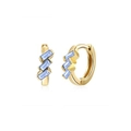 Macro shot of gold huggie earrings featuring three light blue baguette-cut crystals - Light Blue Gold